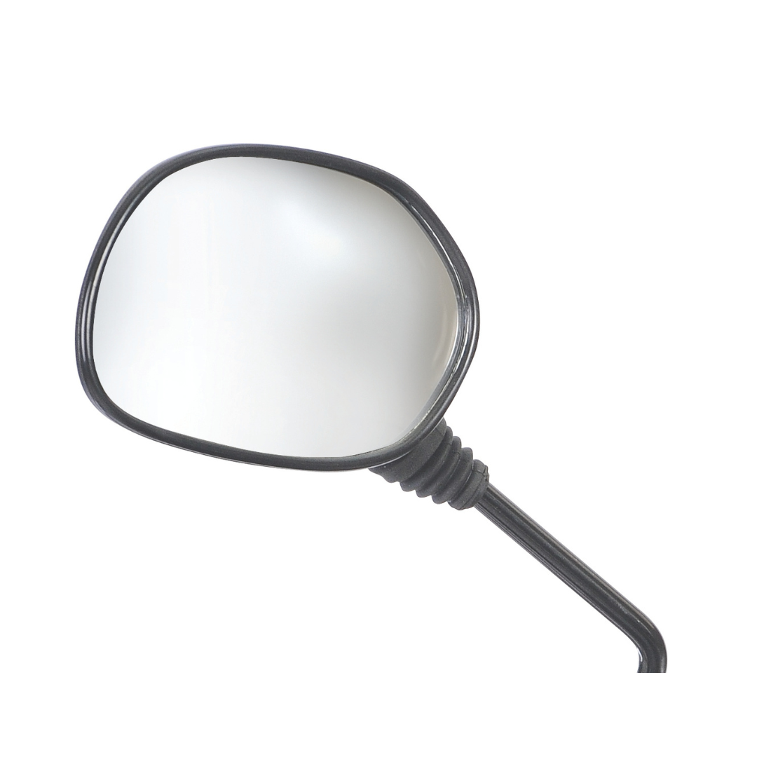 A black rectangular side mirror from Afikim Electric Vehicle Accessories is displayed on a white background. Its slightly rounded edge, reflective surface, and angled stem provide stylish customization options and enhanced functionality.
